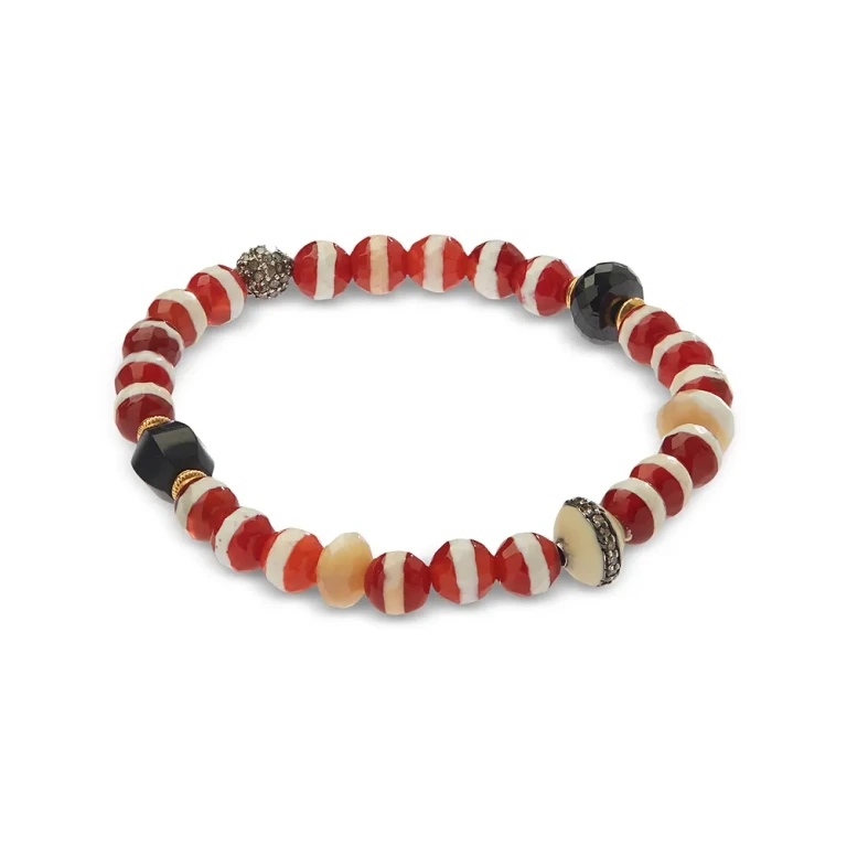 Ileana Makri Agate & Gray Diamond Striped Bead Stretch Bracelet in 18K Yellow Gold & Sterling Silver