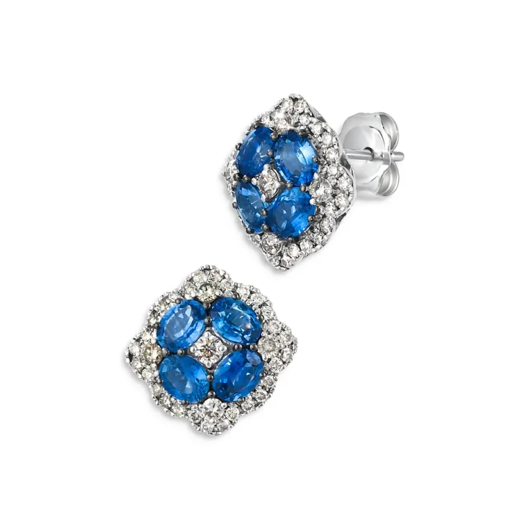Blue Sapphire & Champagne Diamond Stud Earrings in 14K White Gold