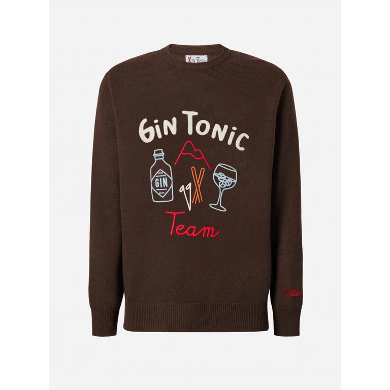 Mc2 Saint Barth Brown Crewneck Heron With Gin Tonic Team Embroidery - Men