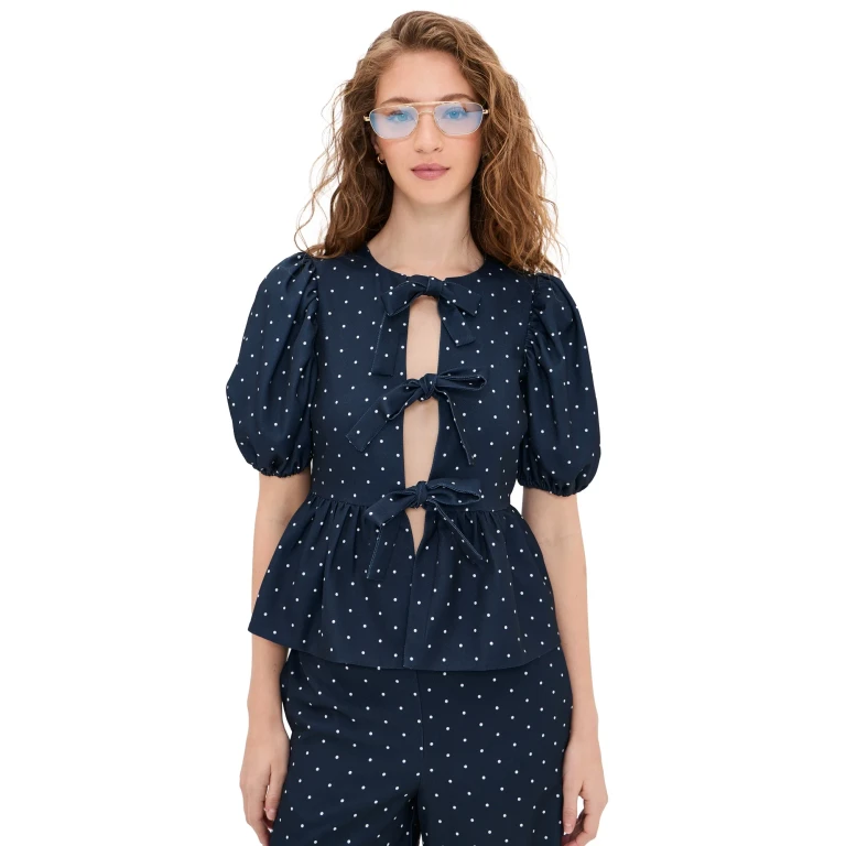 English Factory Polka Dot Puff Sleeve Top Navy XS