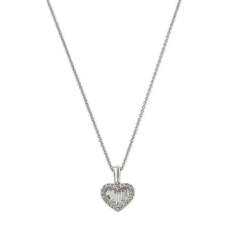 Diamond Baguette & Round Cut Heart Halo Pendant Necklace in 14K White Gold, 0.33 tcw