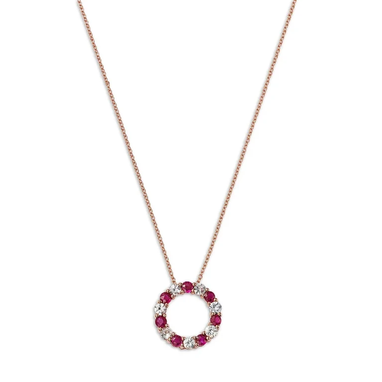 Ruby & White Sapphire Circle Pendant Necklace in 14K Rose Gold, 18