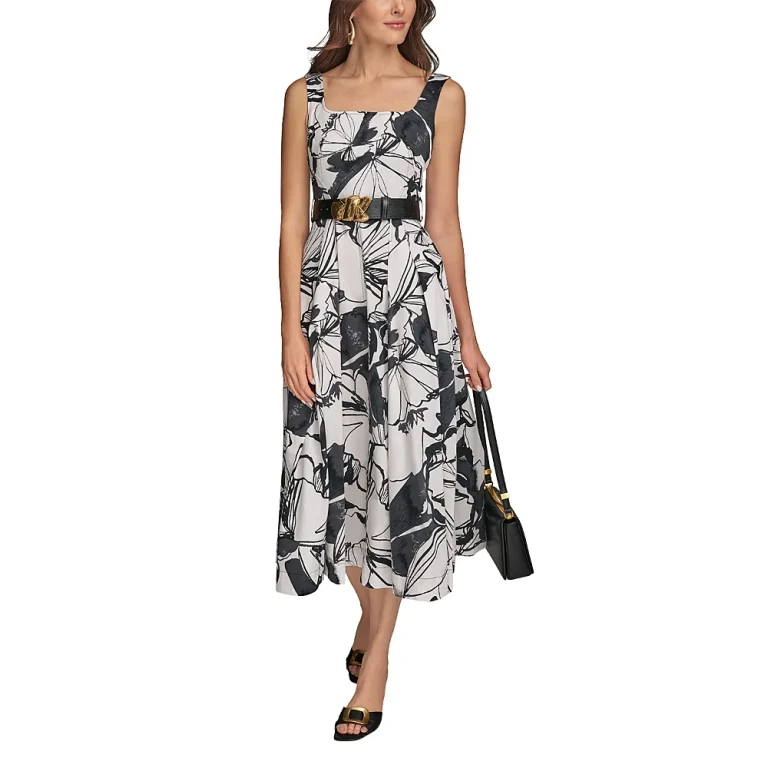Donna Karan Floral Square Neck Midi Dress