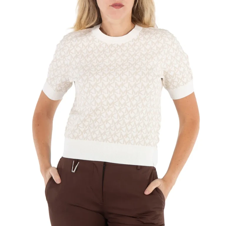 Michael Kors Ladies Bone Logo Jacquard Short-Sleeve Sweater