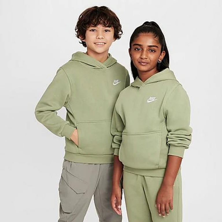 Nike Big Kids Sportswear Club Fleece Pullover Hoodie in Oil Green/White Size: XS