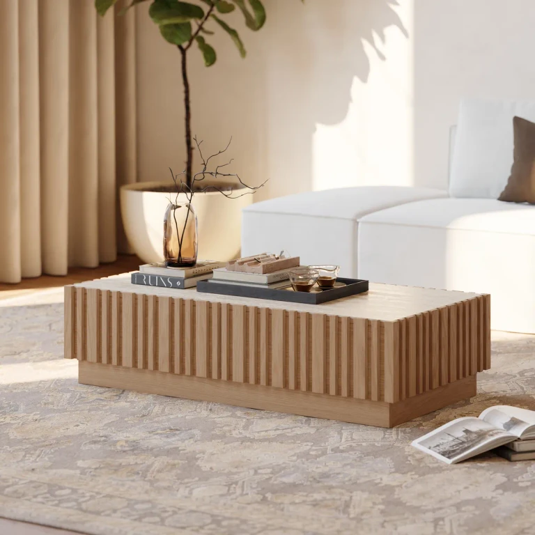 Aura Ash Wood Slatted Coffee Table Modern Walnut Sintered Stone Top Table with LED Light