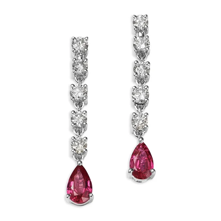 Ruby & Champagne Diamond Linear Drop Earrings in 14K White Gold