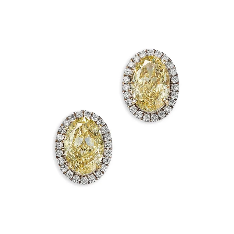 Certified Lab Grown Yellow & White Diamond Halo Earrings in 18K White Gold, 7.41 tcw