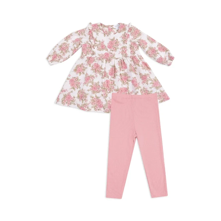 Angel Dear Girls' Bouquets Ruffled Long Sleeved Dress & Ribbed Leggings - Baby
