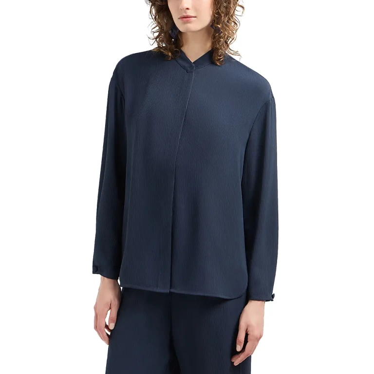 Emporio Armani Creponne Long Sleeve Button Down Blouse with Guru Collar