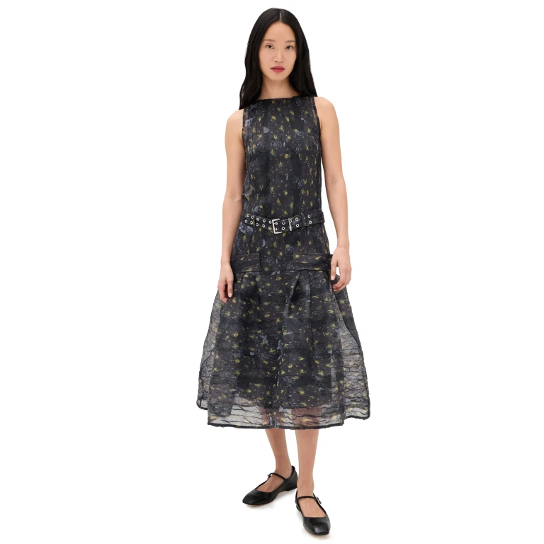 GANNI Shibori Organza ceintuurjurk lang Black Sand 36