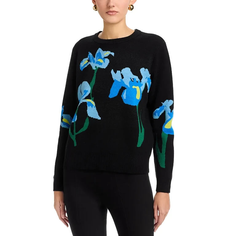 T Tahari Long Sleeved Flower Jacquard Crewneck Pullover Sweater