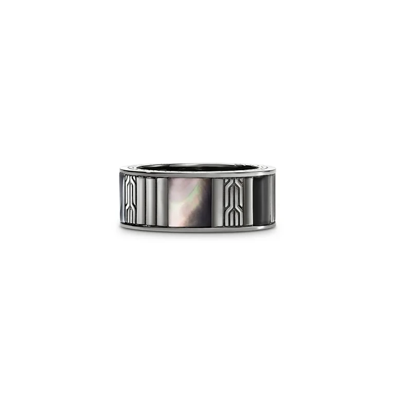 John Hardy Sterling Silver Black Onyx, Hematite & Black Mother of Pearl Carved Chain Band Ring