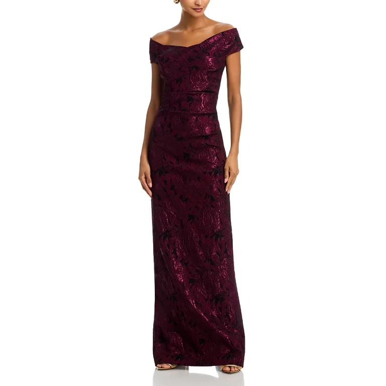 Teri Jon by Rickie Freeman Floral Stretch Jacquard Off-the-Shoulder Ruched Gown