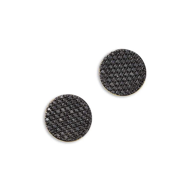 Black Diamond Pave Disc Button Stud Earrings in 14K Yellow Gold, 1.0 tcw