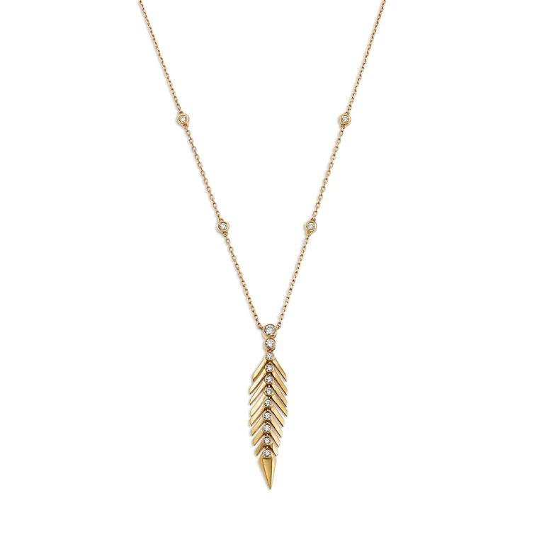Diamond Feather Pendant Necklace in 14K Yellow Gold, 0.49 tcw