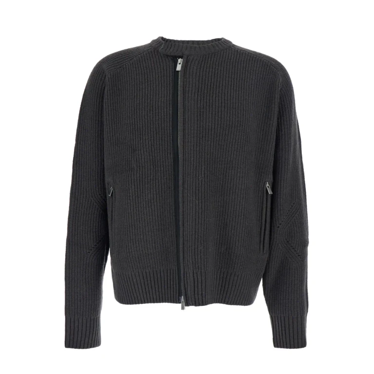 Tonywack Grey Crew Neck Cardigan With Ribbed Design In Wool Man