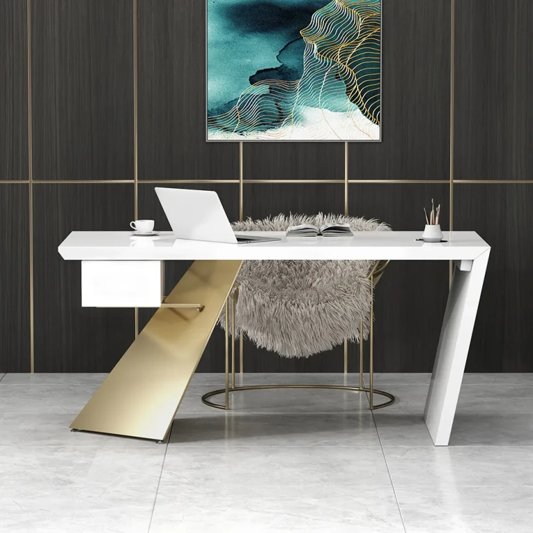 Cabstract Modern White & Gold Office Desk Writing Desk with Drawer Computer Desk (63")