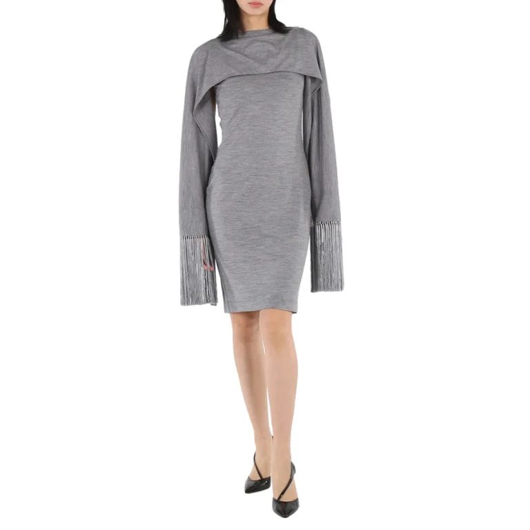Burberry Cloud Grey Merino Wool Sleeveless Dress With Fringed Capelet