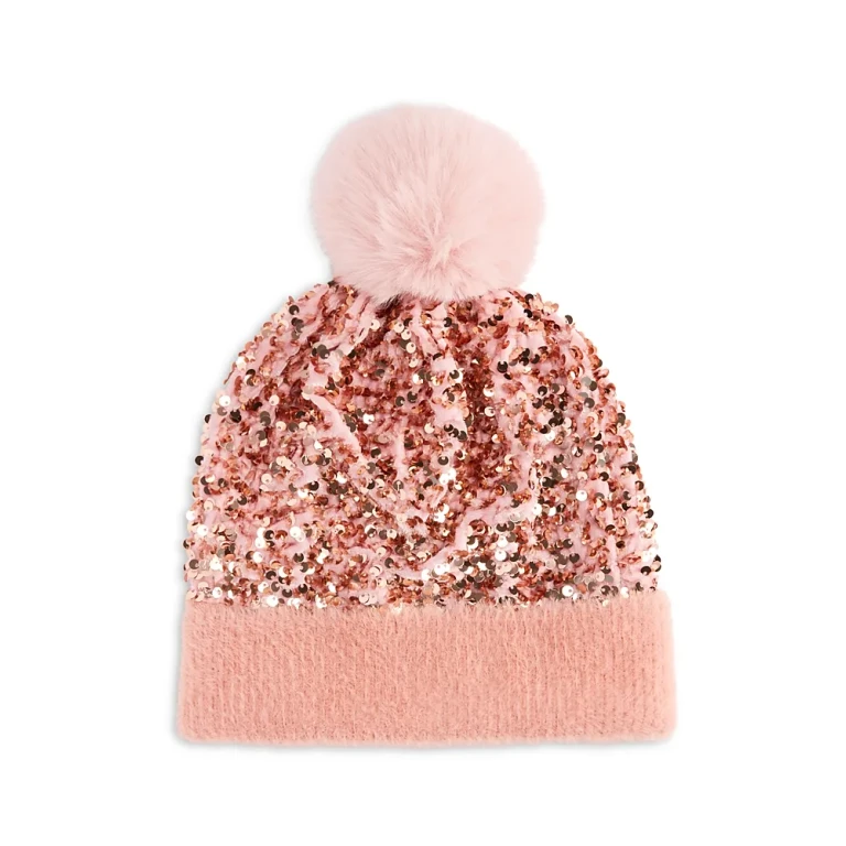 Girls' Knit Sequin Beanie Hat With Faux Fur Pom - Big Kid