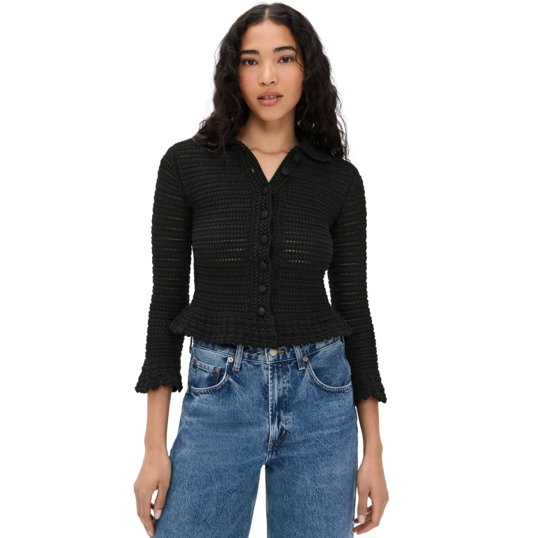 Madewell Pointelle Knit Peplum Cardigan Jet Black XL