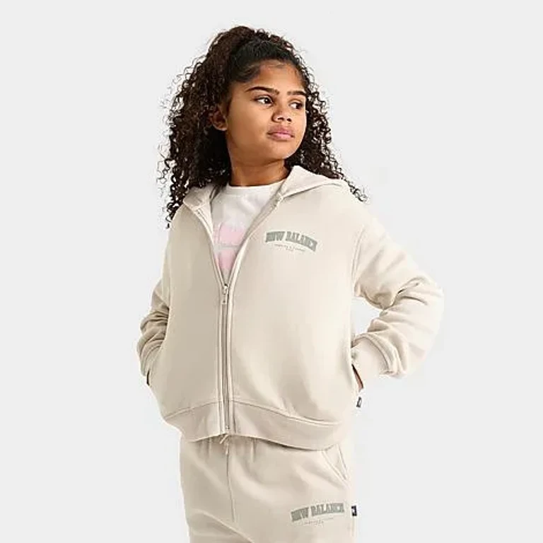 New Balance Girls' Big Kids Arch Graphic Full-Zip Cropped Hoodie in Moonbeam Size: Small