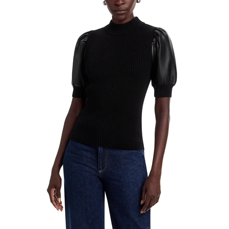 T Tahari Elbow Sleeve Mock Neck Ribbed Pullover Sweater with Faux Leather Sleeves