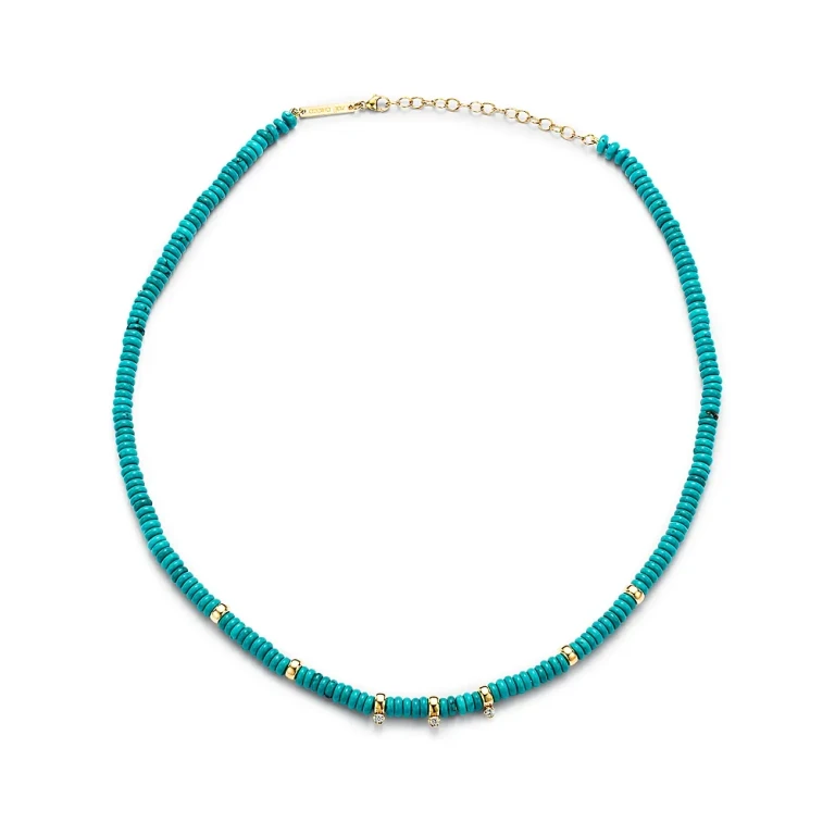 Zoe Chicco 14k Gold & Turquoise Rondelle Bead Necklace with 3 Prong Diamonds Turquoise One Size