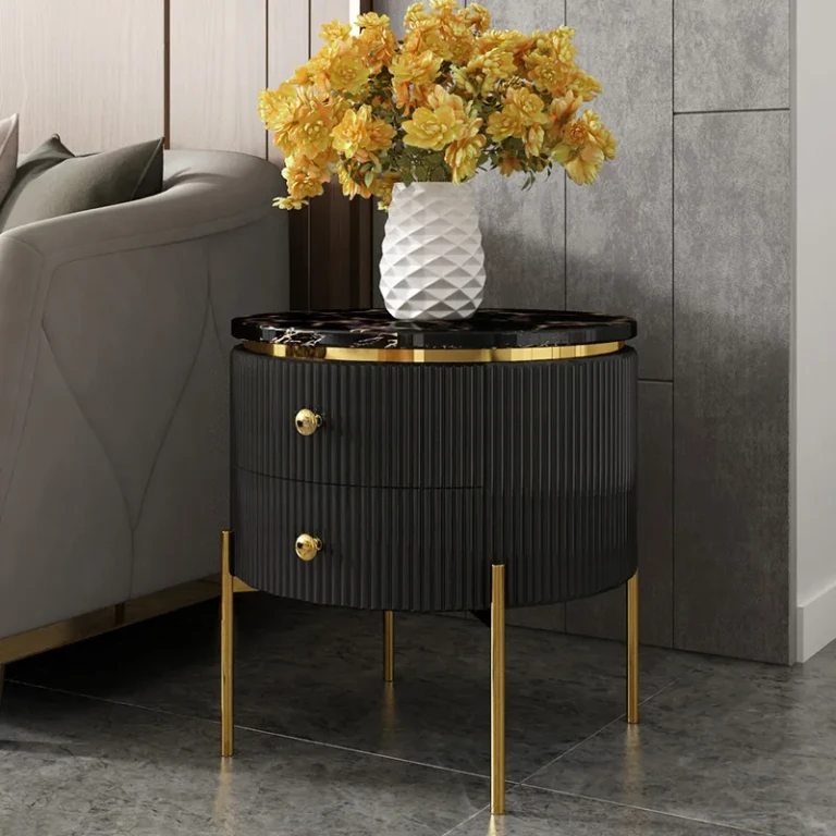 Yelly Modern Round End Table With Storage Drawers White Faux Marble Side Table Gold Legs