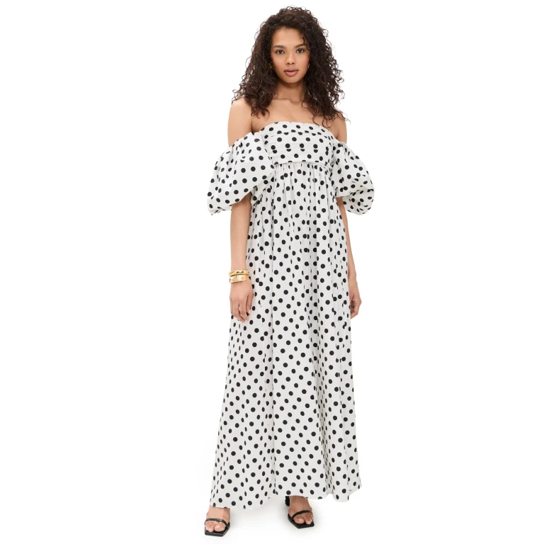 CAROLINE CONSTAS Emilia Ruched Empire Maxi Dress Ivory Black Polka Dot L