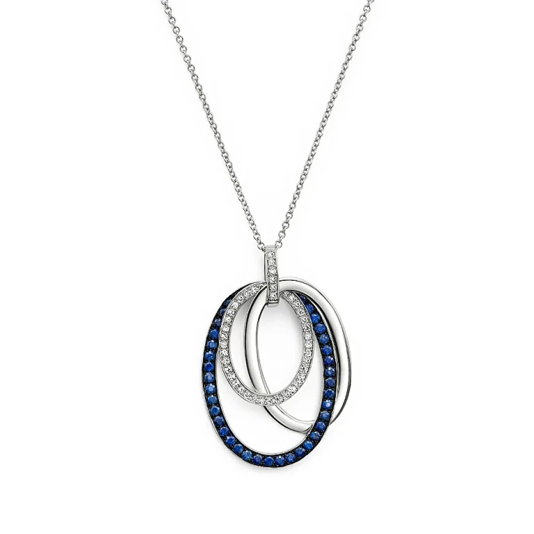 Blue Sapphire and Diamond Oval Pendant Necklace in 14K White Gold, 18