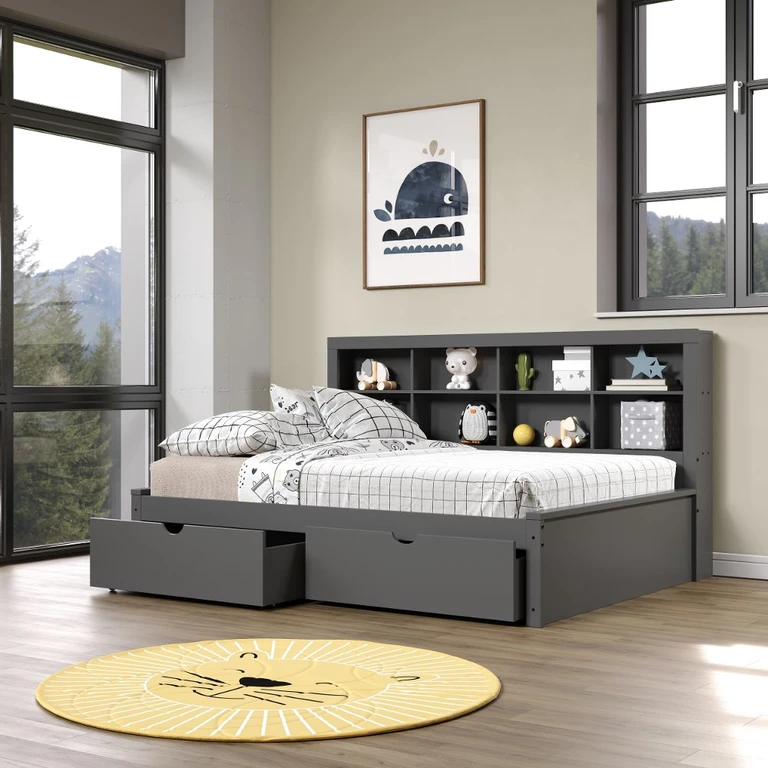 Gray Full Bookcase Daybed with Storage Drawers