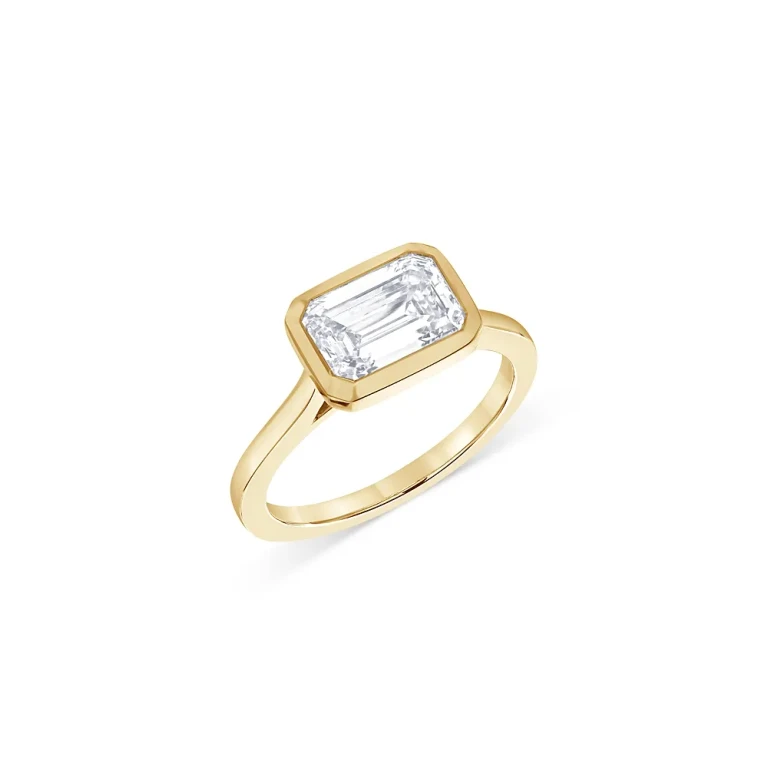Certified Lab Grown Emerald Cut Diamond Bezel Set Engagement Ring in 18K Yellow Gold, 2.0 tcw