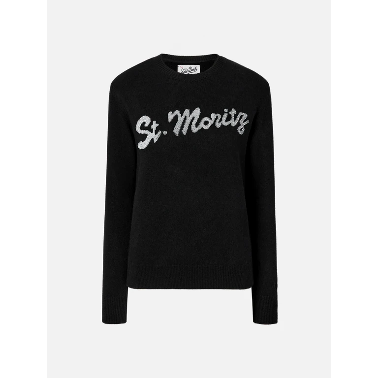 Mc2 Saint Barth Louise Cashmere Sweater Black With St. Moritz Rhinestone Appliqué - Women
