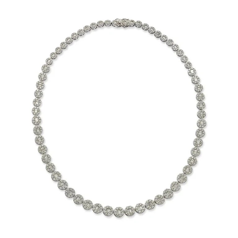 Diamond Round & Baguette Collar Necklace in 14K White Gold, 10.50 tcw
