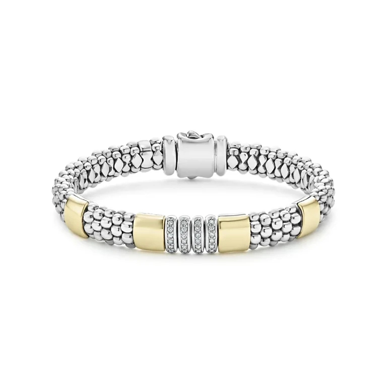 Lagos Sterling Silver & 18K Yellow Gold Caviar Diamond Link Bracelet