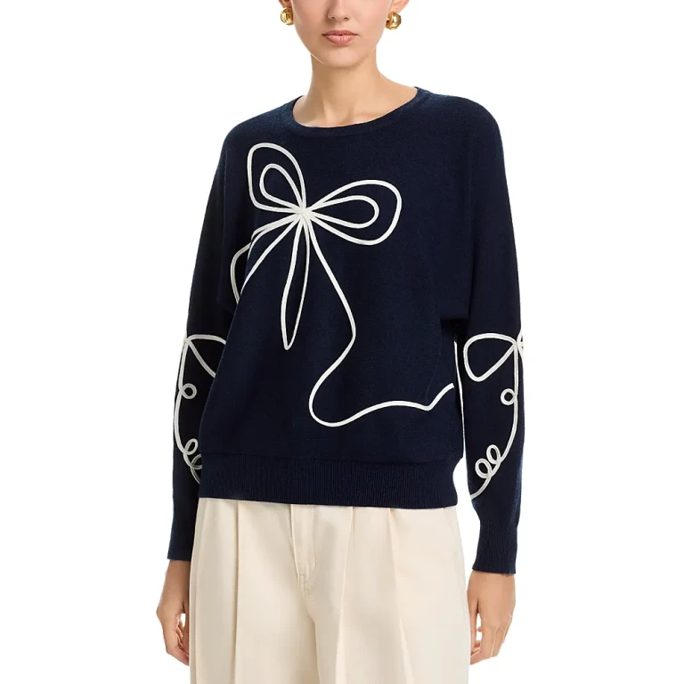 T Tahari Long Sleeved Bow Embroidery Jersey Crewneck Pullover Sweater