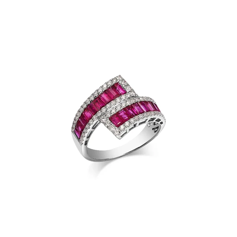 Ruby & Diamond Bypass Ring in 14K White Gold