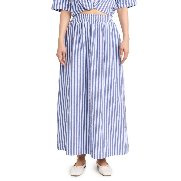 Stateside Puckered Stripe Double Slit Maxi Skirt Navy Stripe M