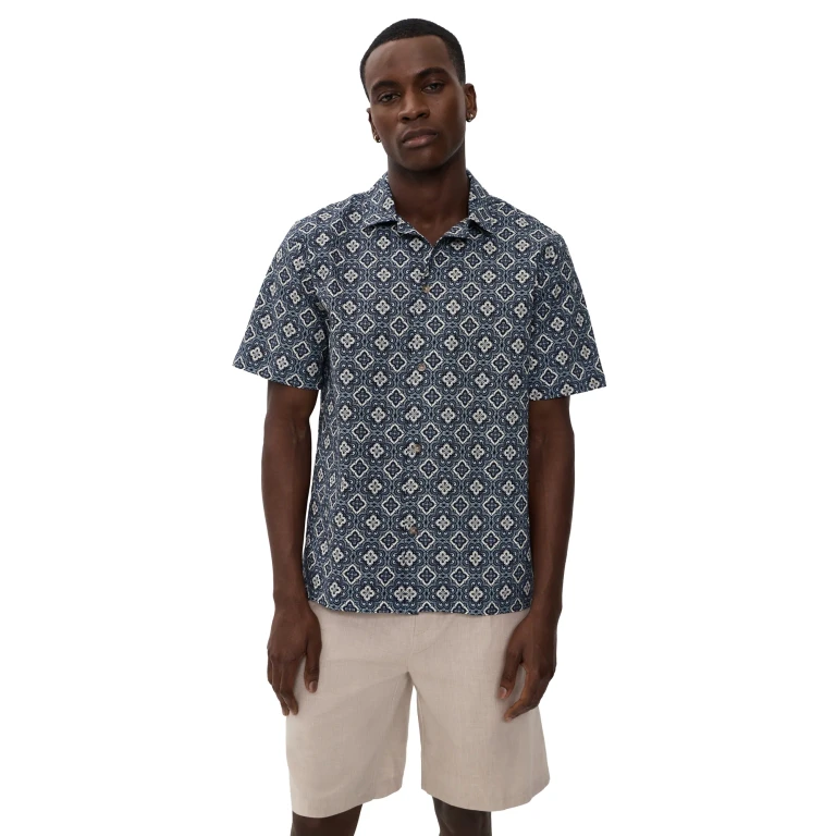 Les Deux Lukas Arabesque Short Sleeve Shirt Blue Fog S