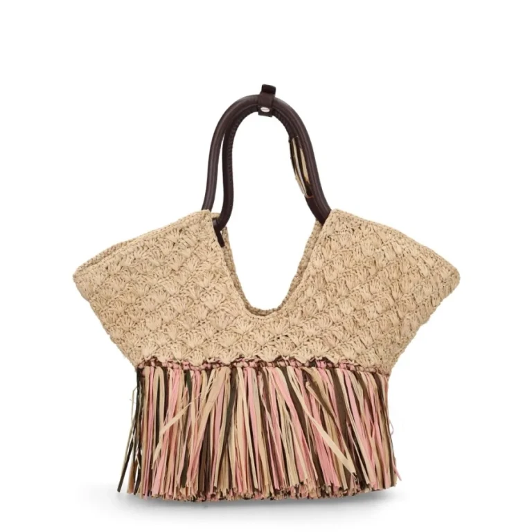 Goldentime Striped Crochet Raffia Handbag with Fringes (6423XC26A2NAT)