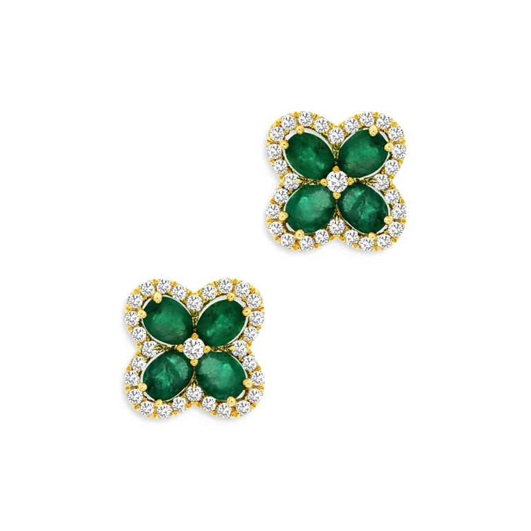 Emerald & Diamond Clover Stud Earrings in 14K Yellow Gold