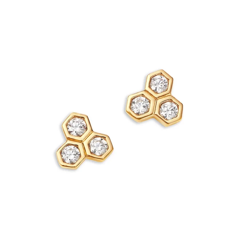 Diamond Hexagon Trio Bezel Stud Earrings in 14K Yellow Gold, 0.5 tcw