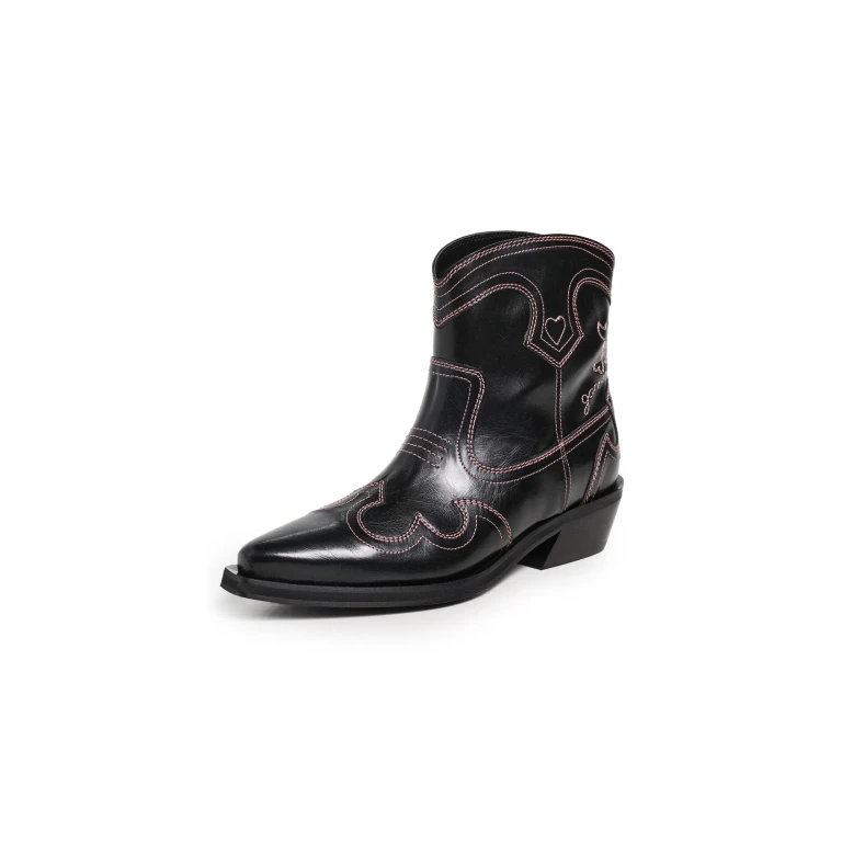 GANNI Low Shaft Embroidered Western Boots Black/Pink 37