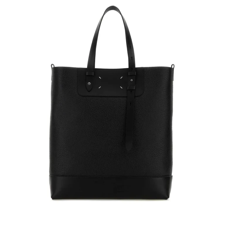 Black Leather Vertical Shopping Bag