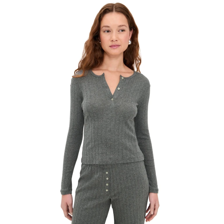 Leset Pointelle Long Sleeve Henley Tee Granite XL