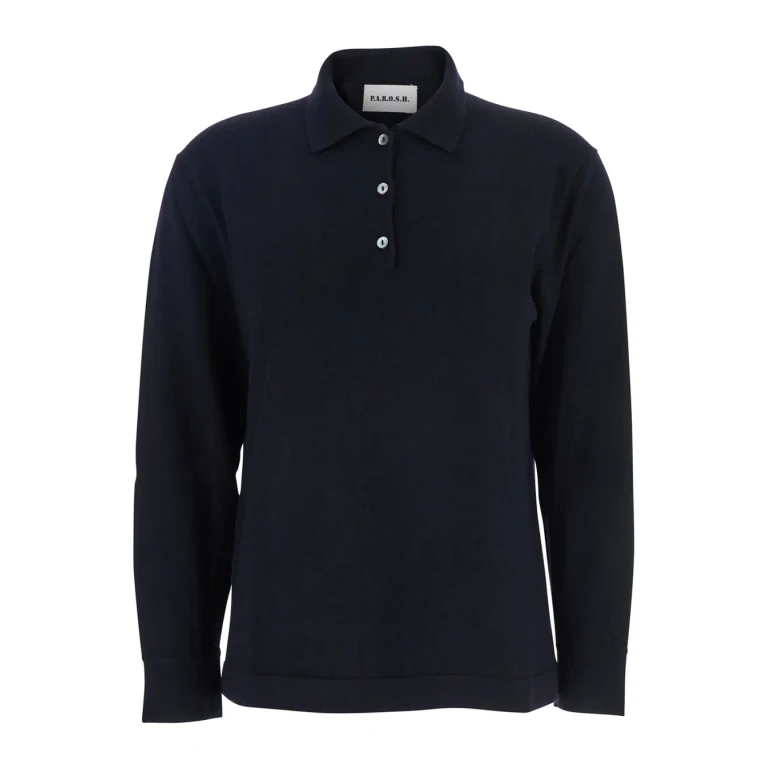 Parosh Blue Polo Shirt With Classic Collar And Long Sleeves In Wool Woman