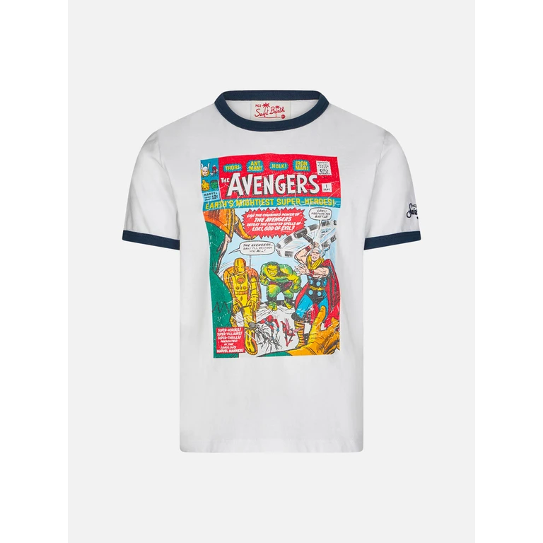 Mc2 Saint Barth Kid White Cotton T-Shirt With Avengers Front Print Marvel Special Edition