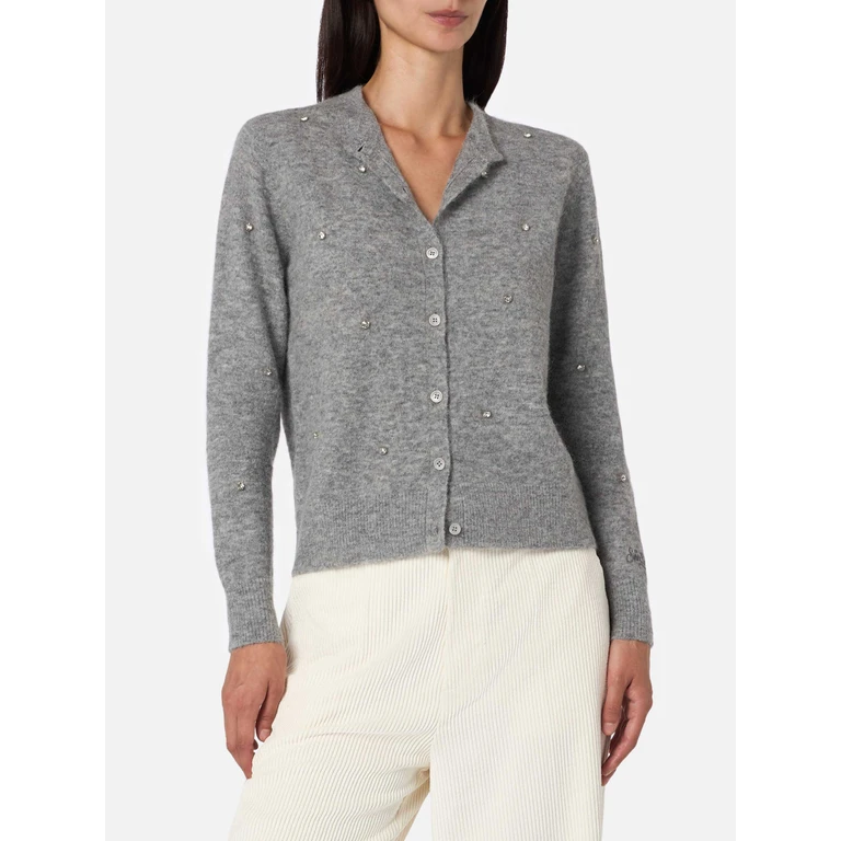 Mc2 Saint Barth Bellamy Grey Cardigan With Rhinestones - Women