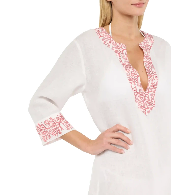 Mc2 Saint Barth Macha Linen Tunic Dress With Coral Print White - Women